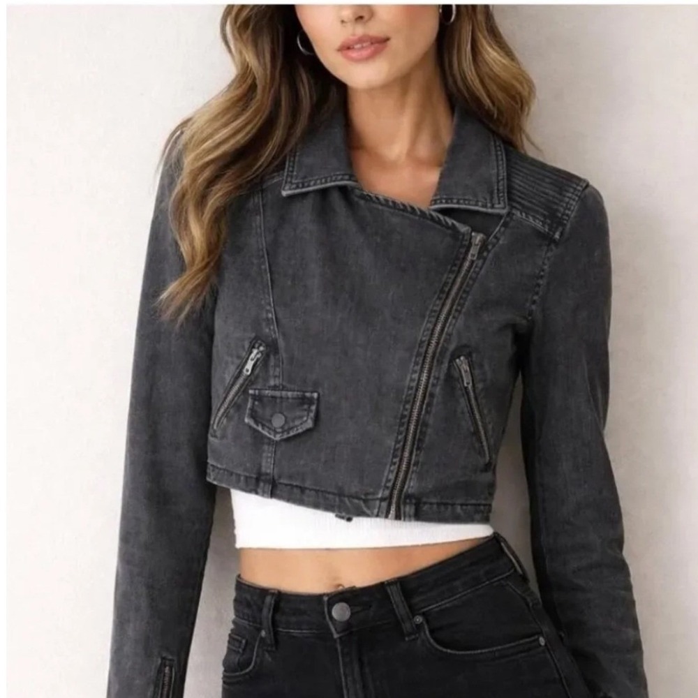 Free People Gray Faded Denim Moto Jacket Cropped Asymmetrical Zip Biker Coat Sml